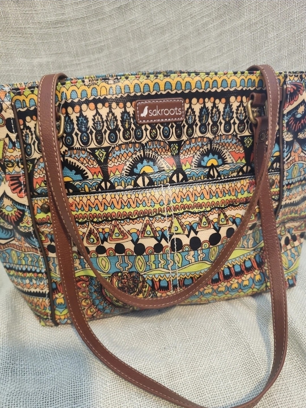 Sakroots Multicolor Printed Tote Bag with Brown Straps
